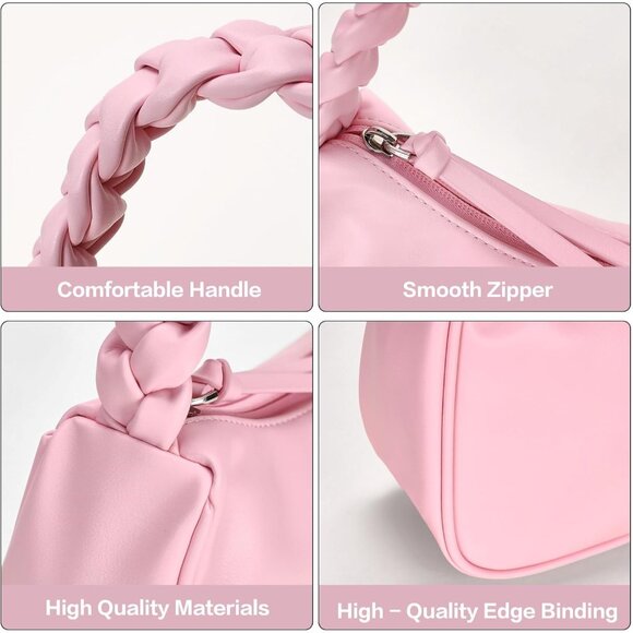 Women's Pink Shoulder Leather Bag Cute Hobo Mini Clutch Zipper Closure Handbag - Picture 7 of 9